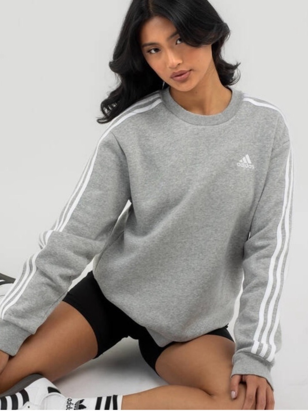 adidas Women's Grey Crew Sweatshirt with 3-Stripes